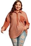 Red Stripe Textured Patched Drop Shoulder Buttoned Plus Size Sweatshirt