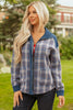 Gray Plaid Corduroy Patchwork Collared Zip Up Snap Button Jacket