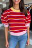 Red Stripe Colorblock Trim Half Sleeve Sweater Top