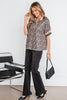 Brown Leopard Print Half Zip Striped Trim Patchwork Short Sleeve Top