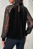 Color Black Solid Color Sheer Lace Long Sleeve Patchwork Stand Neck Velvet Blouse