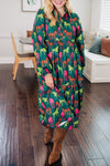 Green Horse Printed Long Sleeve Collared Buttoned Plus Size Midi Dress