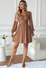 Chestnut Shirred Cuff Long Sleeve Button Round Neck Mini Dress