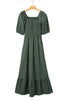 Green Plaid Square Neck Shirred High Waist Ruffle Hem Dress