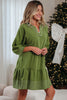 Jungle Green Contrast Stitched V Neck 3/4 Sleeve Tiered Mini Dress