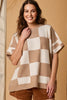 Light French Beige Checkered Pattern Loose Drop Shoulder Half Sleeve Sweater