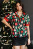 Green Christmas Fashion Print Contrast Trim Frilled Neck Short Sleeve Blouse