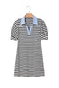 Black Stripe Contrast V Neck Collared Puff Sleeve T Shirt Mini Dress with Pockets