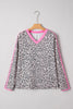 Khaki Leopard Print Contrast V Neck Varsity Stripe Detail Long Sleeve Top