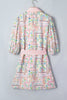 Pink Boho Floral Print Color Block Trim Half Button Belted Mini Dress