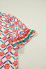 Red Floral Print Striped Detail V Neck Ruffled Short Sleeve Blouse