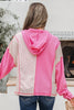 Pink Mixed Texture Waffle Floral Patchwork Hooded Oversize Pullover