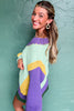 Green Stitched V Neck Color Block Knitted Drop Shoulder Sweater