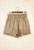 Gold Metallic Luster Tie Elastic Waist Cuffed Hem Shorts