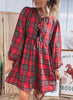 Red Plaid Tie Front Long Sleeve Short Shift Dress