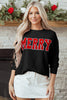 Blackish Green Twisted Rib Outlined Merry Letter Graphic Loose Long Sleeve Top
