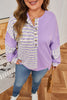 Purple Stripe Patchwork Buttoned Drop Shoulder Plus Size Pullover