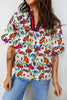 Multicolour Contrasted V Neckline Floral Puff Short Sleeve Blouse
