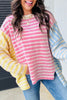 Multicolour Color Block Striped Patchwork Dolman Sleeve Slit Sweater