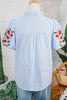 Sky Blue Stripe Floral Embroidered Puff Sleeve Ruffle Trim Shirt