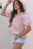 Pink Floral Print Drawstring V Neck Puff Sleeve Loose Blouse