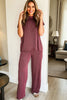 Burgundy Twisted Ribbed High Neck Loose Tee Elastic High Waist Loose Pant Set