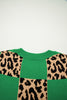 Green Leopard Checkerboard Short Sleeve Knit Sweater