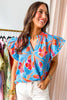 Sky Blue Floral Print V Neck Pompom Trim Flutter Sleeve Blouse