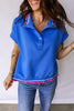 Sky Blue Contrast Frilled Trim Button Collared Short Sleeve Knit Top