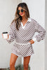 Khaki Checkered Print Polo Collar Cropped Long Sleeve Top Drawstring Mini Skirt Set