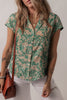 Green Floral Print Pleated Buttoned V Neck Short Sleeve Blouse