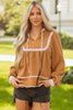 Straw Yellow Split Neck Pleated Floral Trim Long Puff Sleeve Blouse
