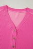 Bright Pink Spiral Ribbed Short Sleeve V Neck Buttoned Romper with Pocket