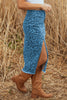 Brown Leopard Print Side Split Frayed Hem Denim Midi Skirt