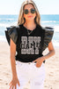 Black GAME DAY Checkered Letter Graphic Leatherette Ruffle Sleeve Top