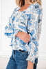 Sky Blue Floral Print Frilly Smocked Square Neck Long Sleeve Blouse