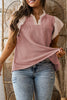Light Blue Plus Size Contrast Frilled Neckline Ruffled Short Sleeve Ribbed Textured Blouse