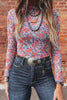 Smoke Gray Floral Print Slim Fit Mesh Long Sleeve Mock Neck Top