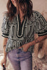 Black Geometric Print Contrast Scallop Color Block Patchwork Short Sleeve Blouse