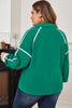 Dark Green Half Zip Contrast Trim Pocketed Plus Size Fleece Sweatshirt