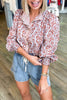 Floral Print Frilled Striped Trim Button Down Smocked Cuffs Long Sleeve Shirt