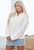 White Textured Pocketed Collared V Neck Pullover Sweatshirt