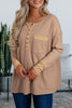 Dark Khaki Color Block Waffle Textured Tunic Henley Top with Slits