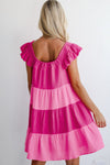 Pink Crinkled Colorblock Patchwork Flutter Tiered Mini Dress