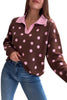 Pink Polka Dot Pattern Color Block Collared Loose Pullover Sweater