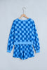 Dark Blue Plaid Checkered Long Sleeve Crop Top Elastic Waist Shorts Two Piece Set