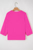 Bright Pink Frilled V Neckline Bracelet Sleeve Crinkled Blouse