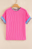 Bonbon Leopard Patchwork Corded Knit Crew Neck T Shirt