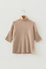 Beige Ribbed Trim High Neck Short Sleeve Casual Sweater