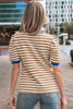 Green Stripe Short Puff Sleeve Contrast Trim Round Neck Tee